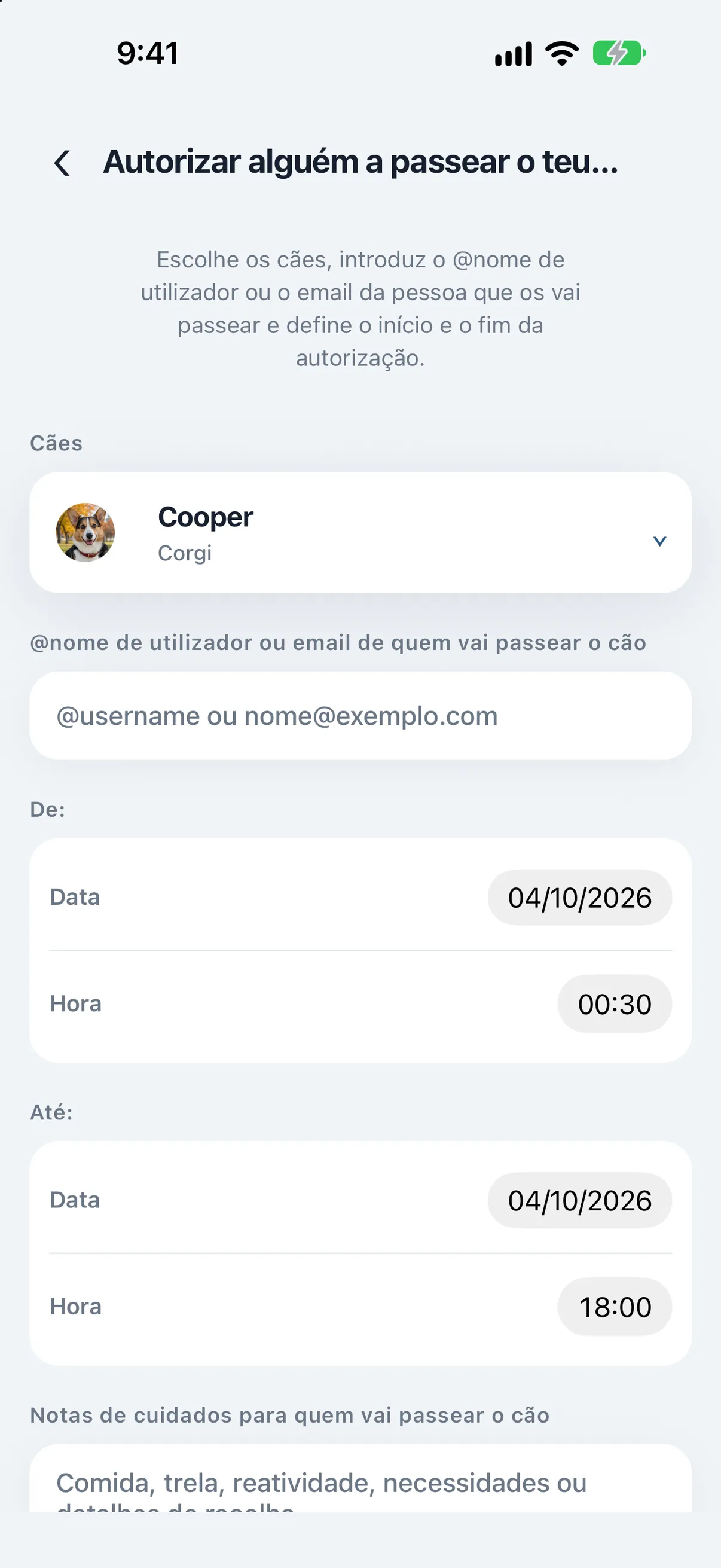 Ecrã Autorizar passeio do PupMarks com Maple, campo para nome de utilizador ou e-mail da pessoa que fará o passeio e controlos de data e hora De e Até.