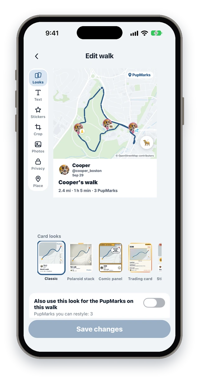 The Edit walk screen in PupMarks with a route map, 2.4 mi, 3 PupMarks, the tools Looks, Text, Stickers, Crop, Photos, Privacy and Place, and the Card looks row.